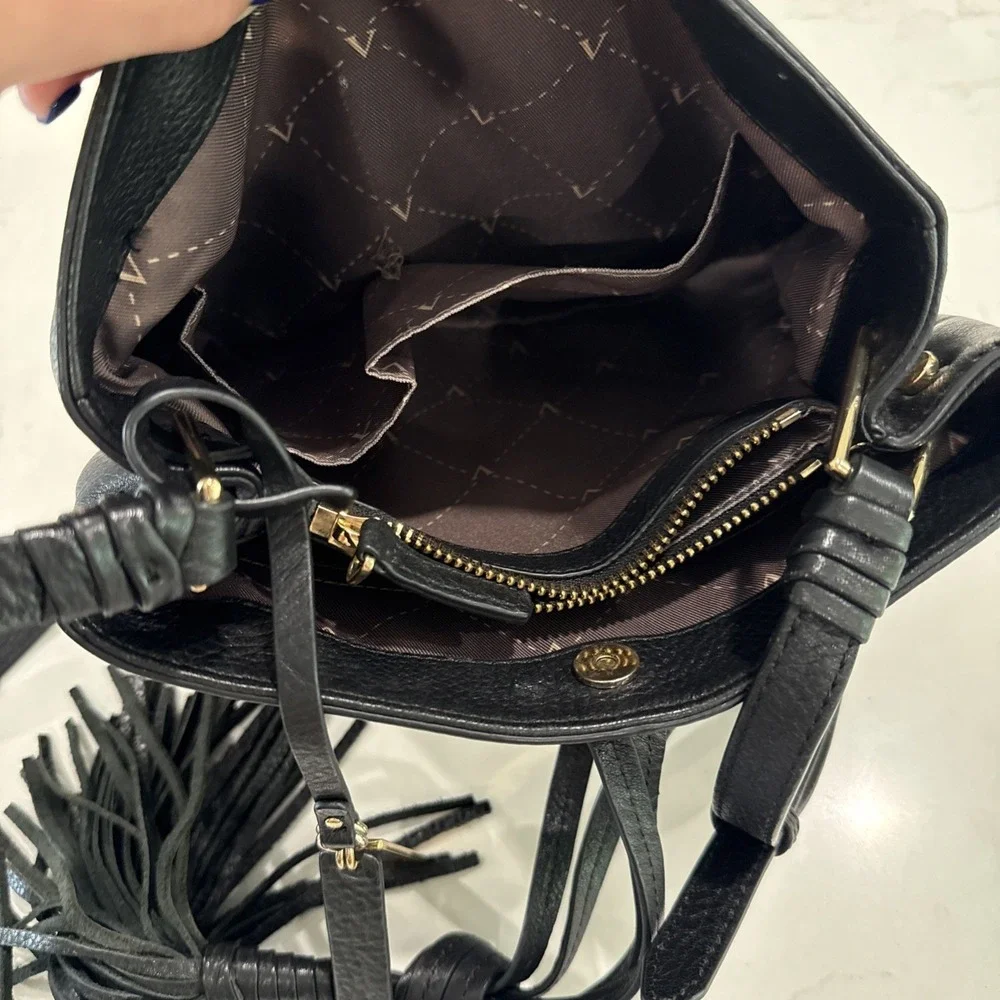 Vince Camuto Black Pebbled Leather Shoulder Hobo Bag Tassel Zipper 9in By 10in